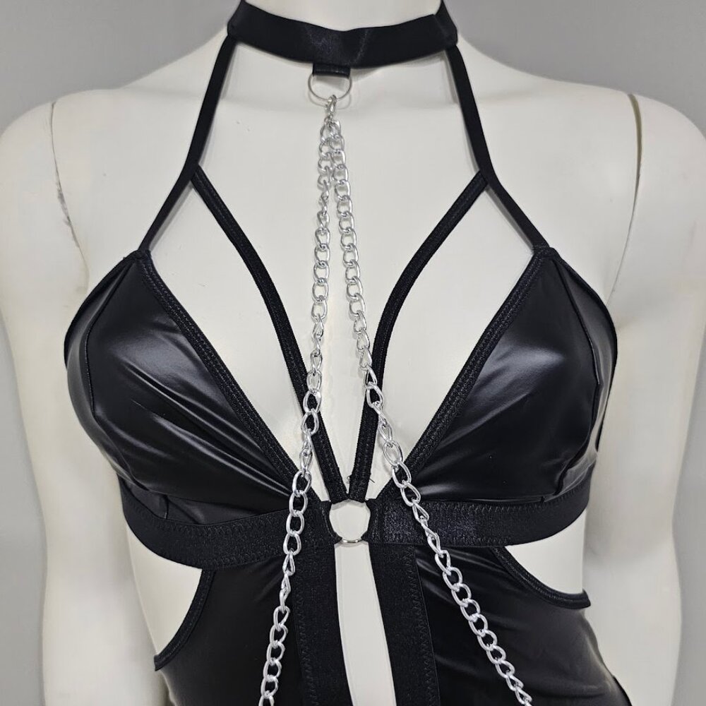 Vegan Leather Bodysuit with Chain and Harness - Picture 7 of 9